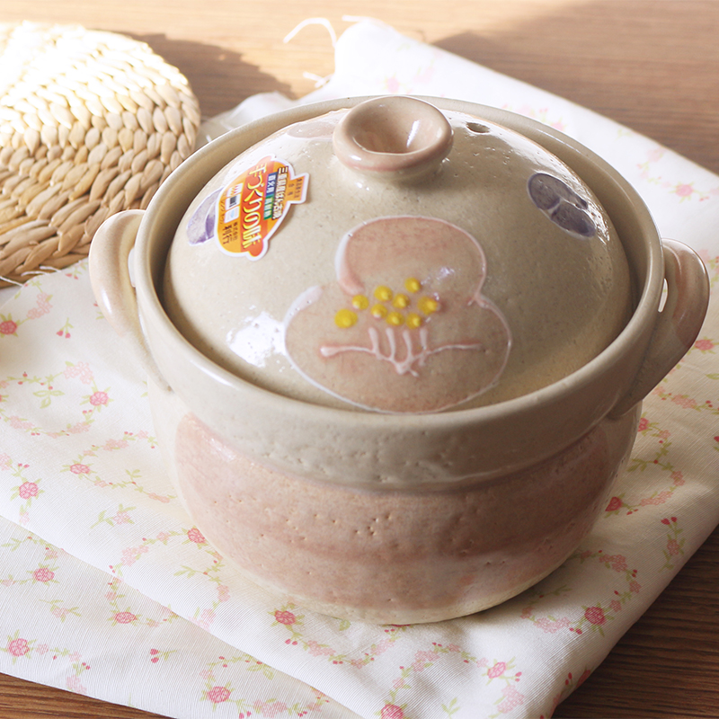日本进口万古烧土锅双盖粉嫩花朵砂锅快速煮饭煲汤宝宝辅食粥锅炖