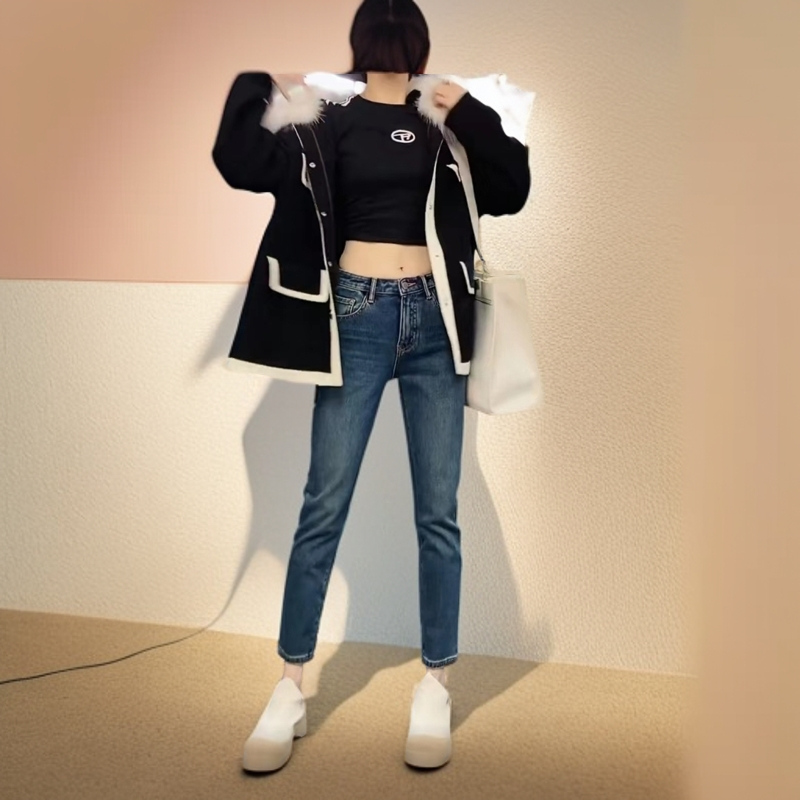 60059小个子i蓝色薄绒潮流时尚修身百搭四面弹直筒弹力烟管裤