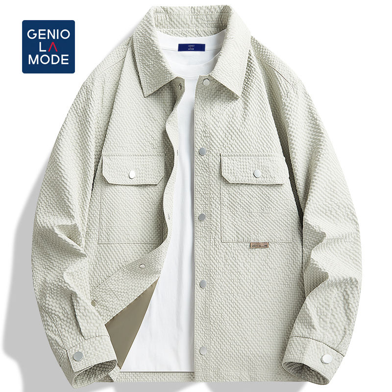 GENIO LAMODE休闲夹克男春季大码宽松翻领工装泡泡格外套