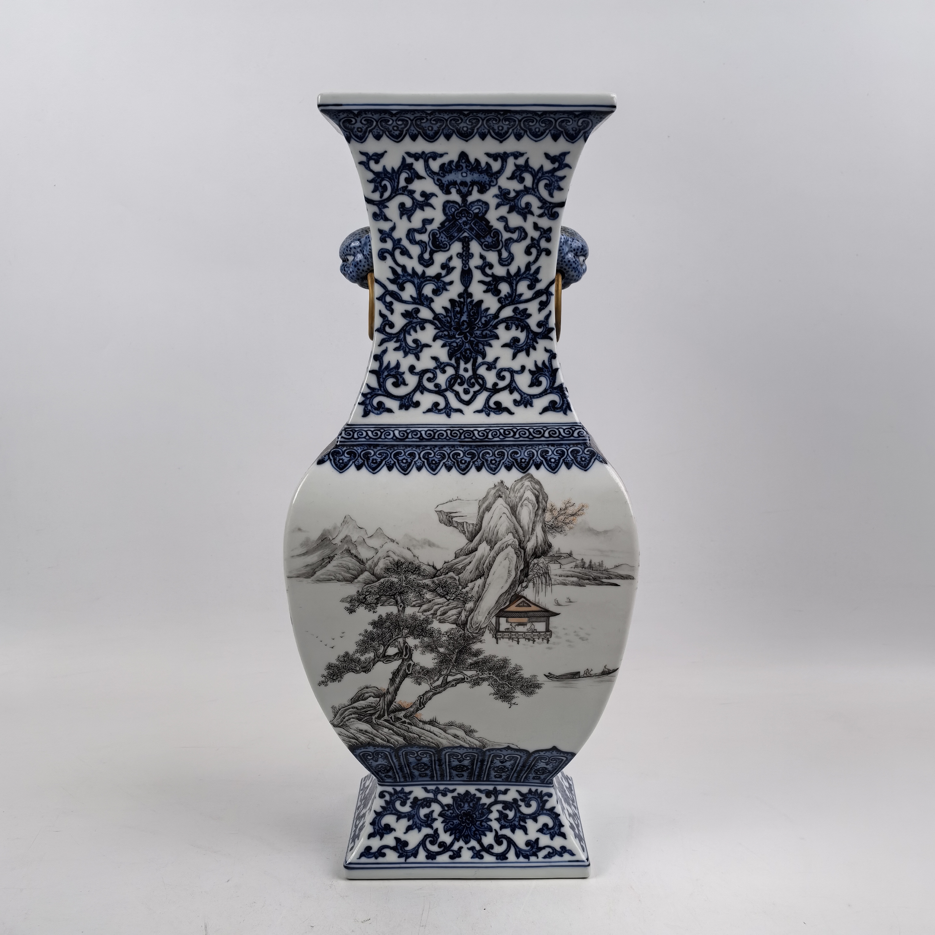 清 青花墨彩山水亭台楼阁双兽耳四方瓶