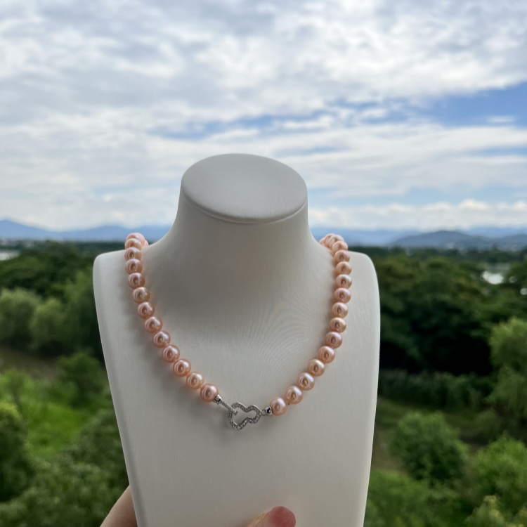 H18 8-9无核香槟项链葫芦扣香槟金珍珠项链气质强光百搭时尚素款