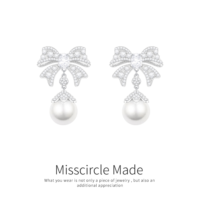 Misscircle Made 铜合金合成锆石耳饰 蝴蝶结珠珠耳环女甜美2157