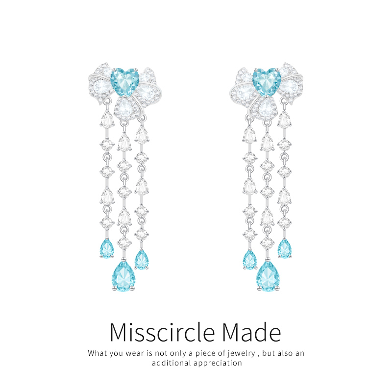 瑟可 铜合金合成锆石耳饰 复古蓝色蝴蝶结流苏耳环女气质百搭2667