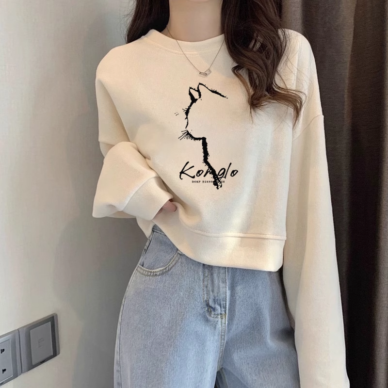 圆领套头短款卫衣女加绒加厚秋冬长袖上衣高腰显瘦小个子春秋薄款