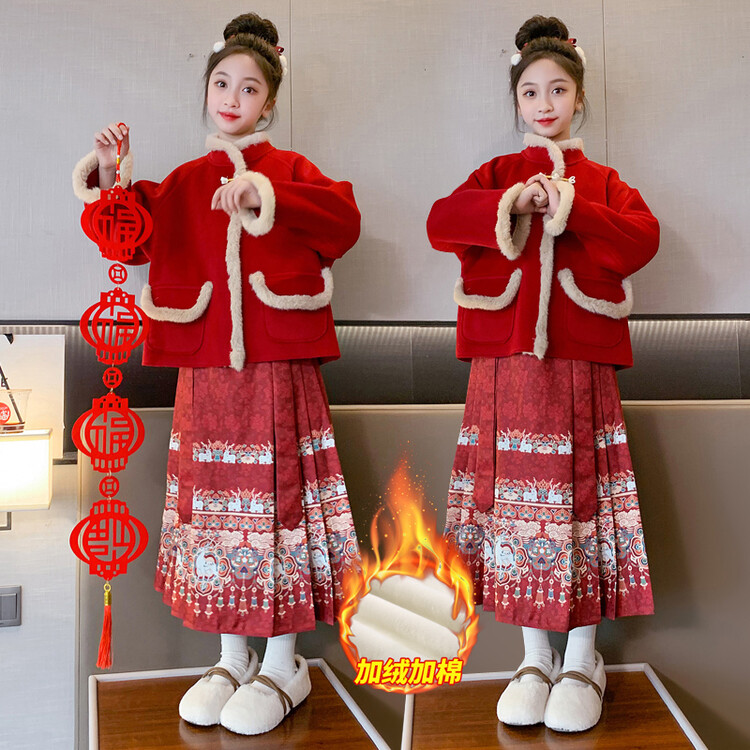 汉服秋冬女童加厚马面裙套装中大童冬装2023新款加绒连衣裙中国风