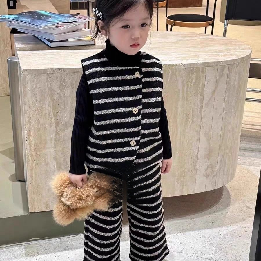 童装2023秋冬新款儿童条纹套装女童复古马甲阔腿裤两件套潮公主风