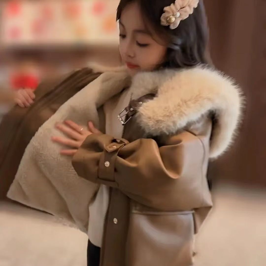女童冬装2023新款加绒高档皮衣儿童冬季加厚中大童洋气短款皮网红