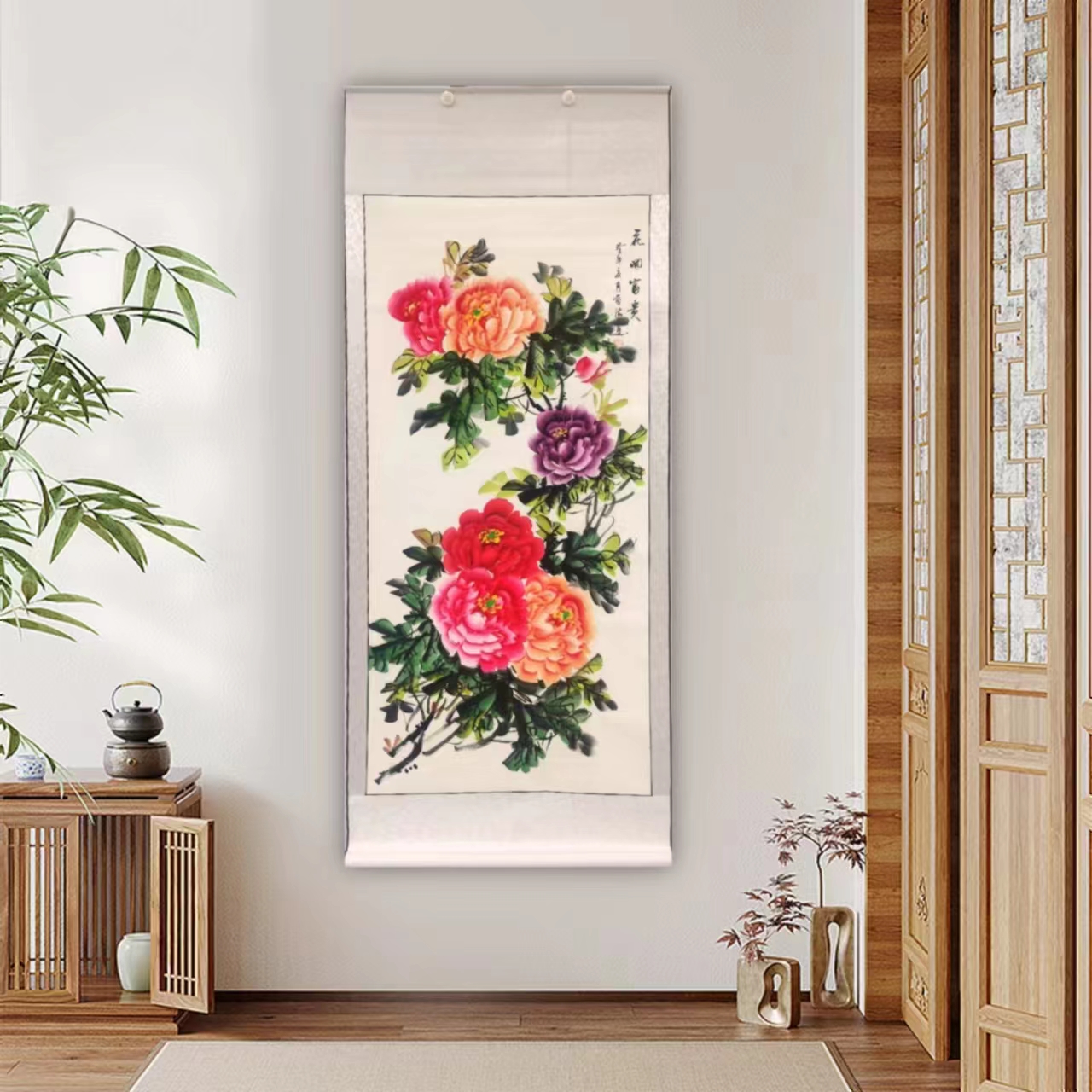 陈芬清-8平尺竖幅牡丹/手绘真迹带证书/卷轴精装裱