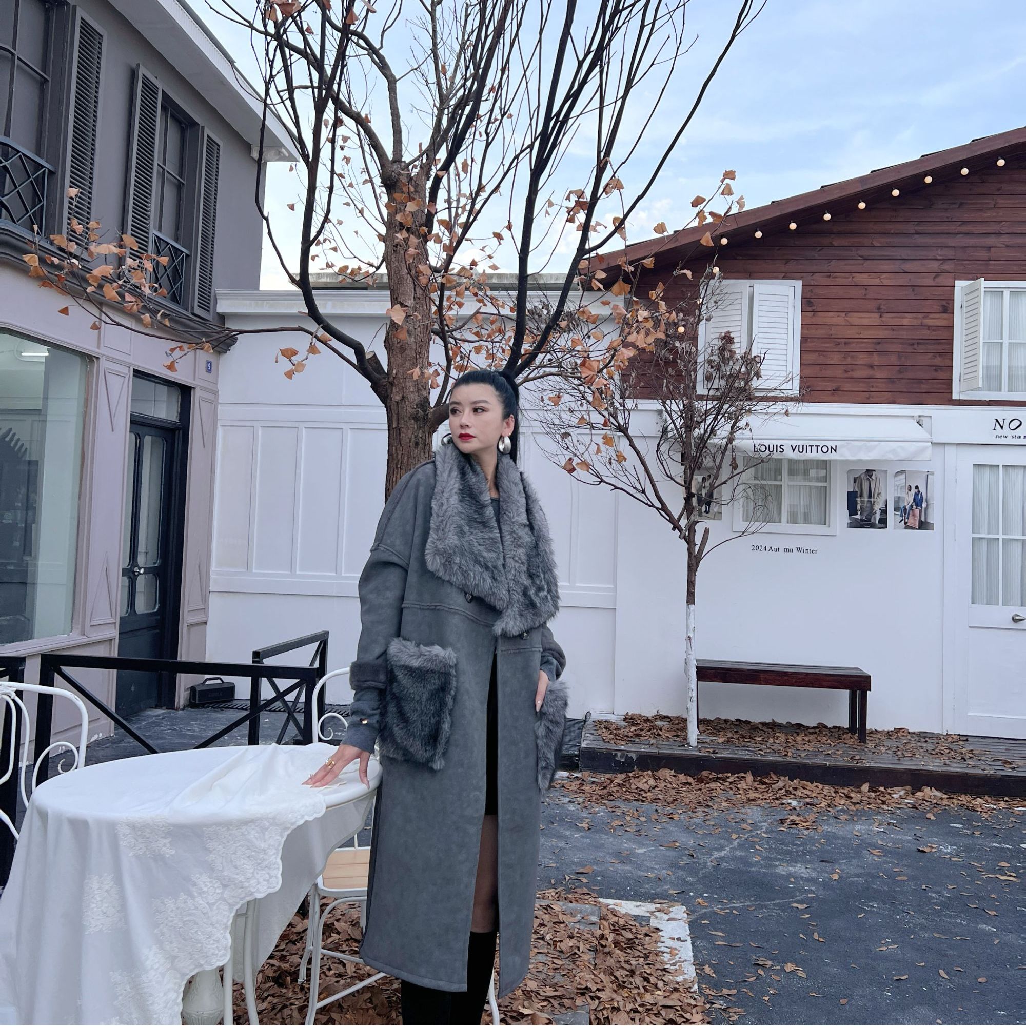 【庄喜儿Original】2024新款轻奢中长款拼接保暖毛毛外套女HT03