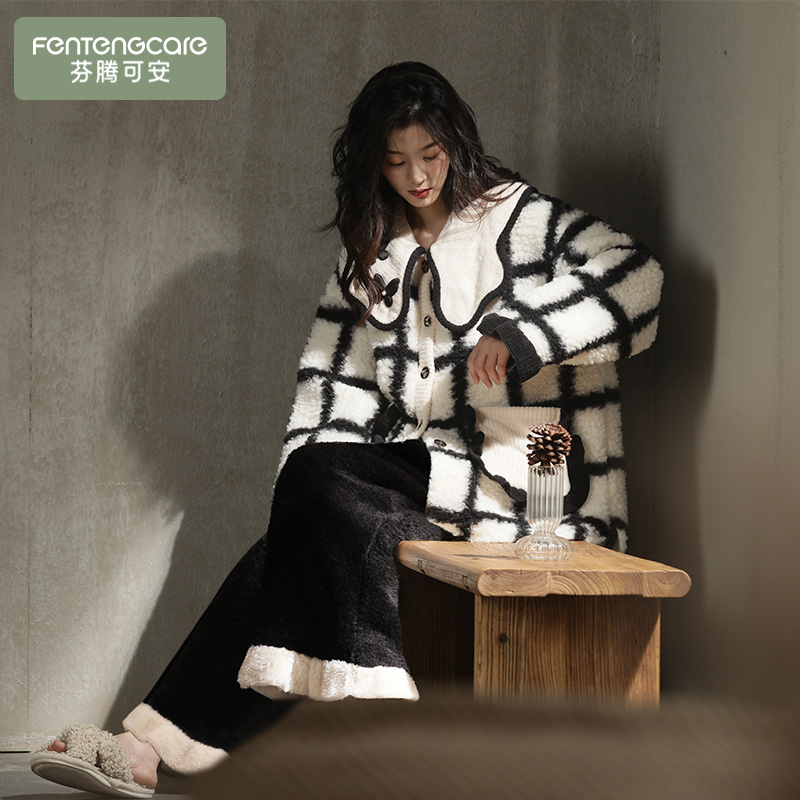 芬腾可安睡衣女秋冬季加绒加厚珊瑚绒套装冬天冬款保暖大码家居服