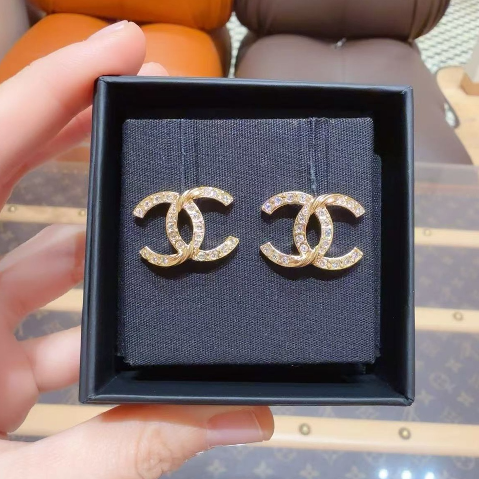 99新 Chanel/香奈儿 /金色闪钻浮雕水波纹双C耳钉/配件盒子