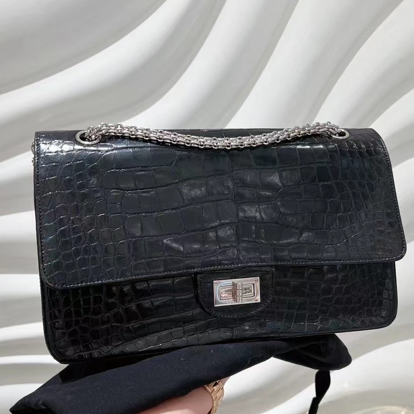 99新 Chanel/香奈儿 0219/2.55系列/227鳄鱼皮/黑银/链条包