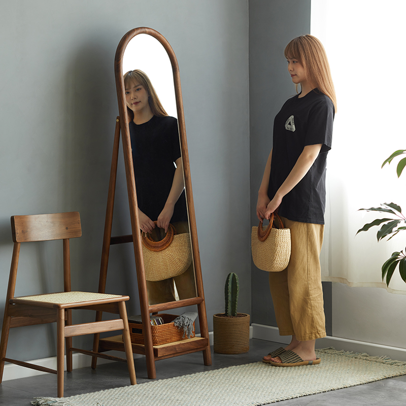 家用置镜北欧全身日式木框可实地试衣樱桃木镜子移动黑胡桃立式