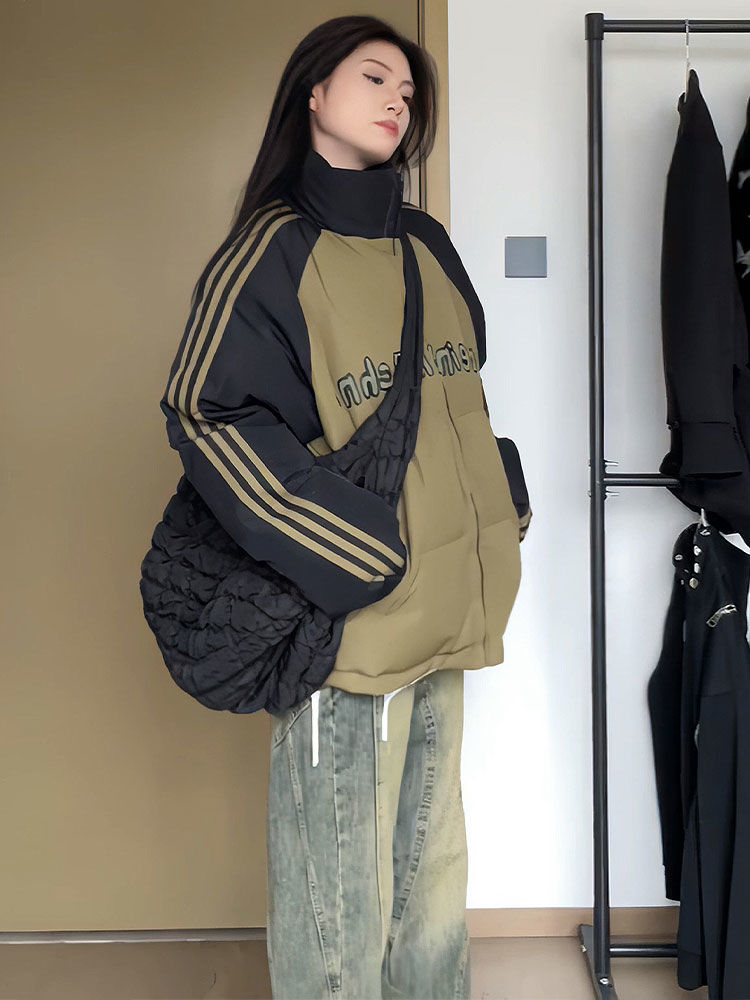 雪中飞美式复古撞色条纹立领面包服女2023冬季新款宽松加厚情侣棉