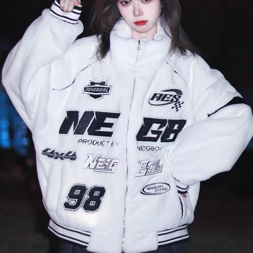 雪中飞NEIGBORL新款潮牌赛车服刺绣仿兔毛外套男女宽松冬季情侣棉