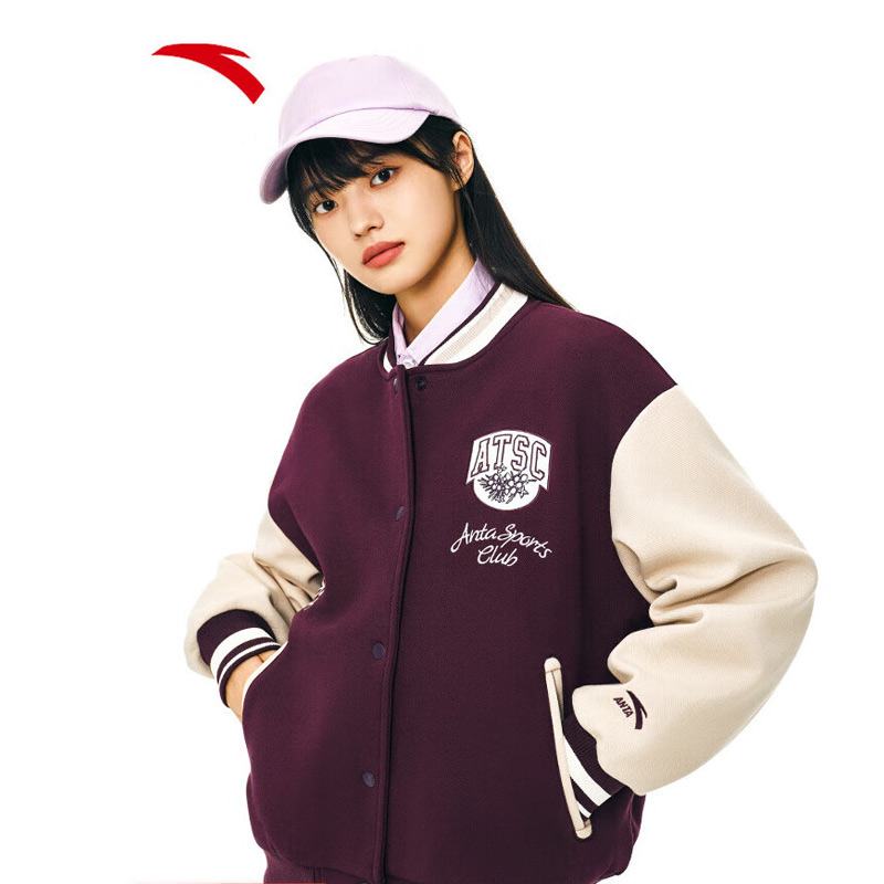 安踏关晓彤同款加绒棒球服女冬季保暖休闲外套夹克针织上衣