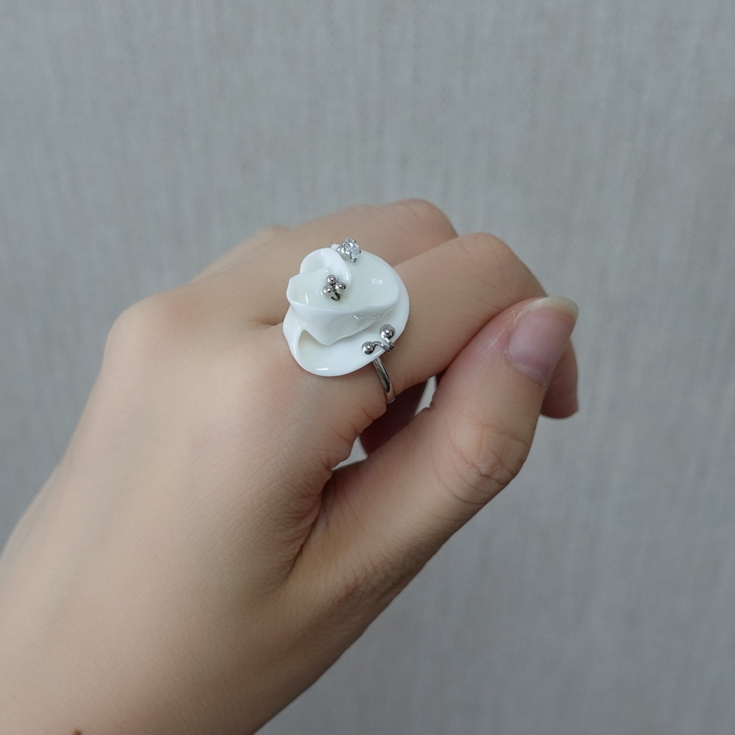 合金陶瓷戒指 【茉莉冰白戒指】手作开口戒指景德镇陶瓷工艺