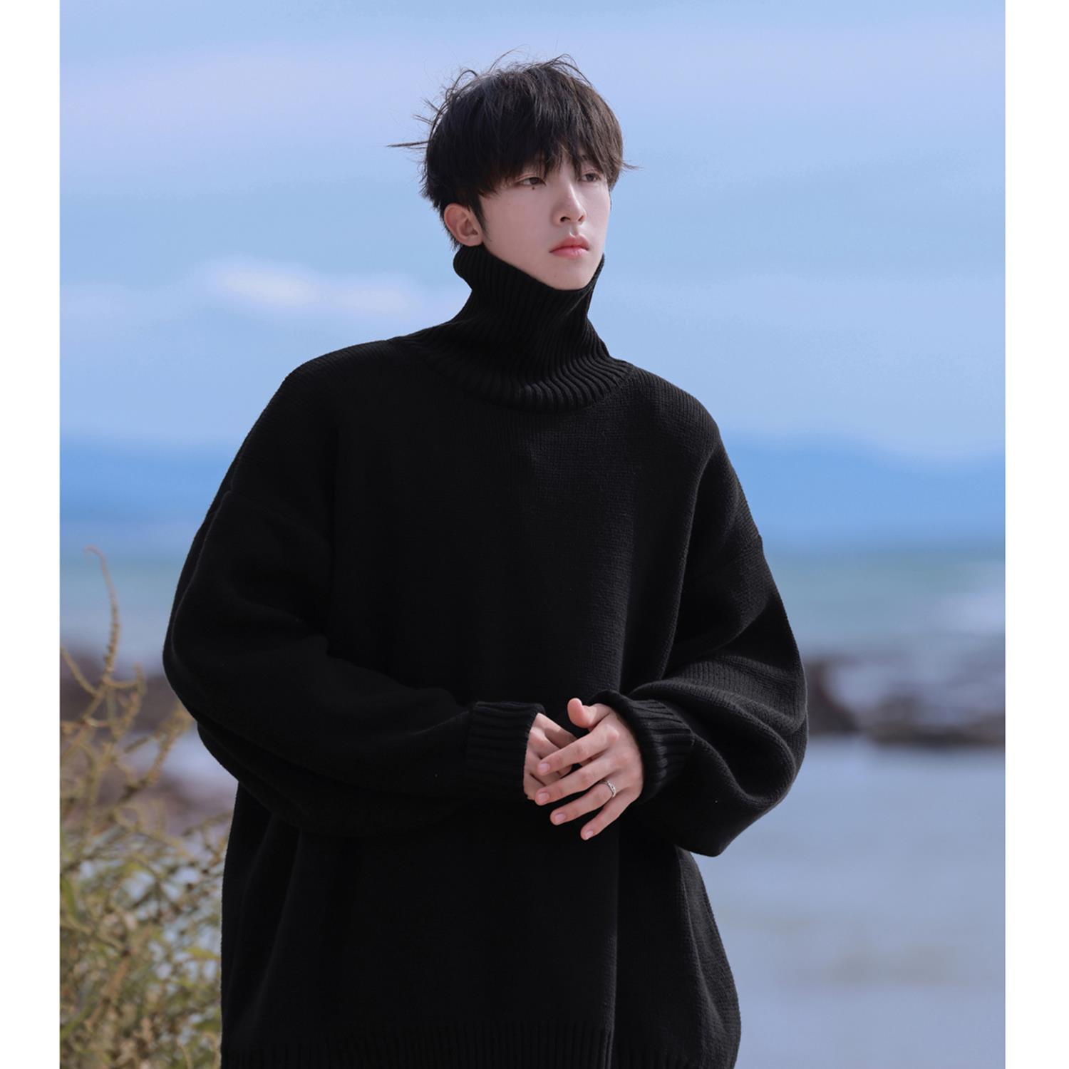 日系复古高领毛衣男秋冬宽松慵懒风针织衫青少年潮牌套头线衣男士