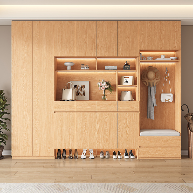 定制鞋柜家用门口橡木全实木入户玄关门厅储物高柜一体靠墙收纳柜