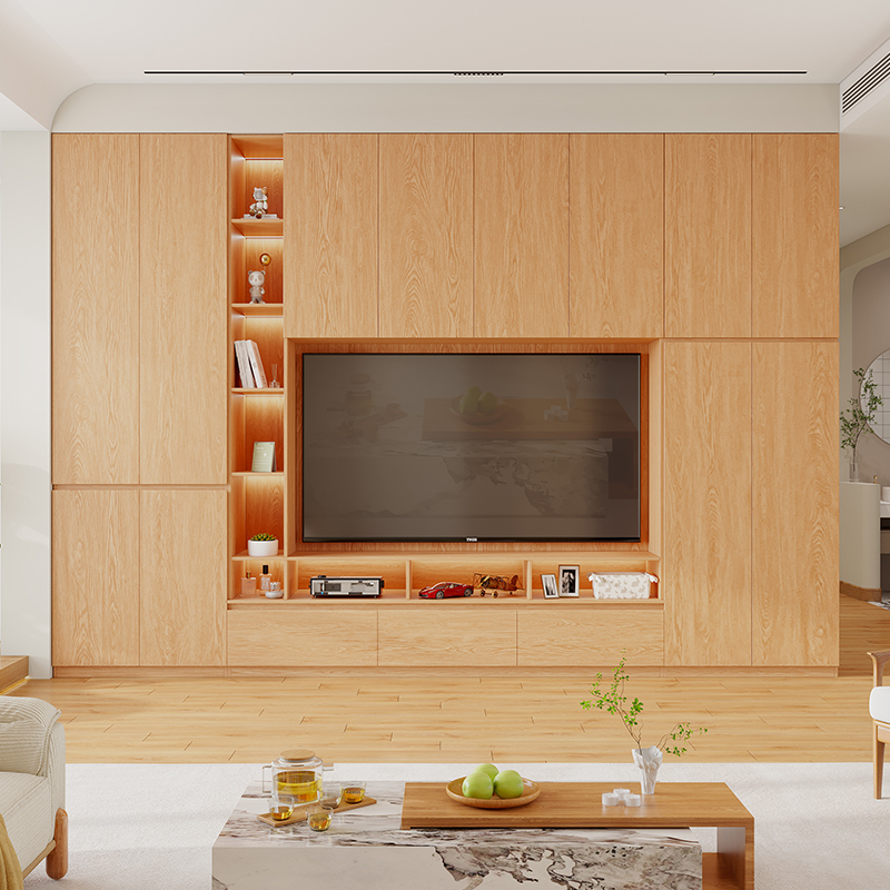 定制橡木满墙电视柜全实木落地收纳储物一体客厅家用背景满墙