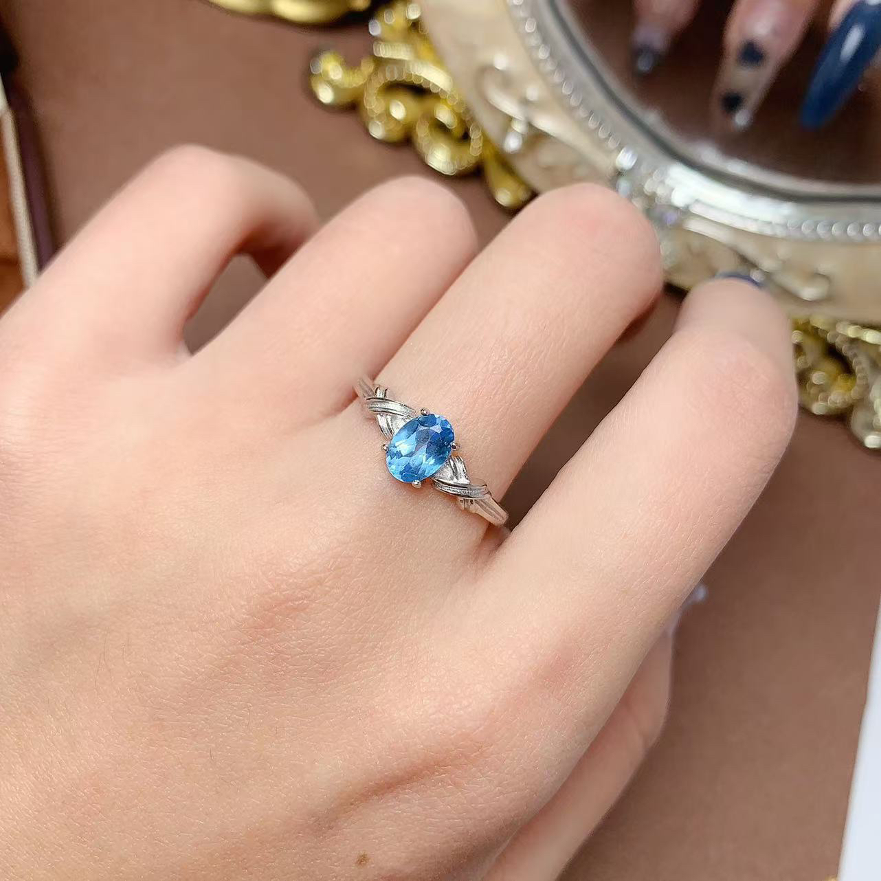 天然瑞士蓝托帕石戒指活口设计925银镶嵌，主石5*7mm