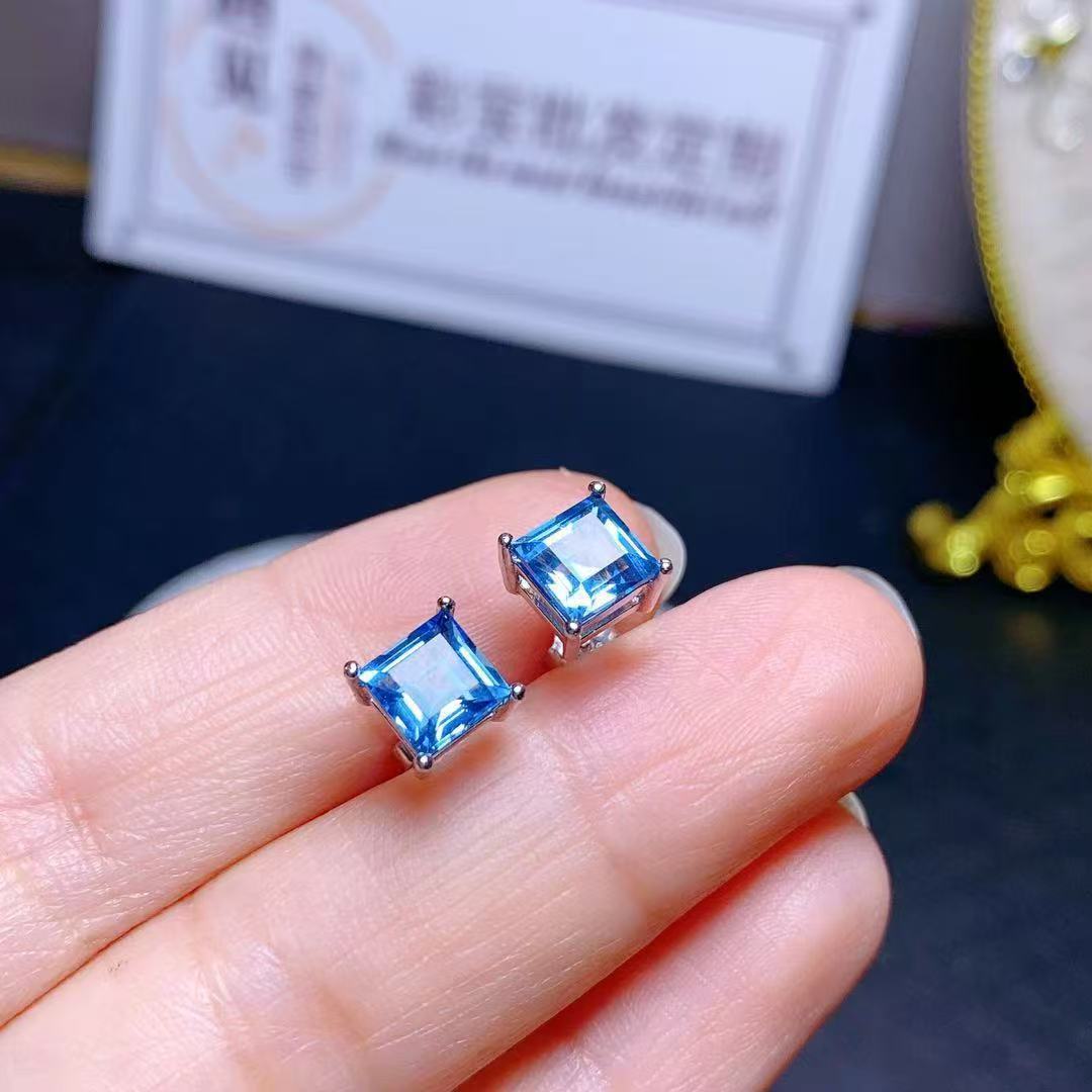 【蓝色方糖】天然瑞士蓝托帕石配饰925银镶嵌耳钉