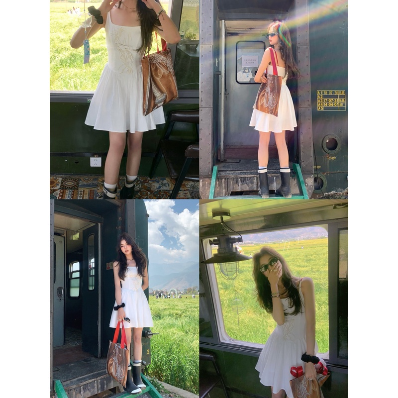 青soolrok 松未韵一 梨木苏里新中式拼接刺绣连衣裙女吊带裙
