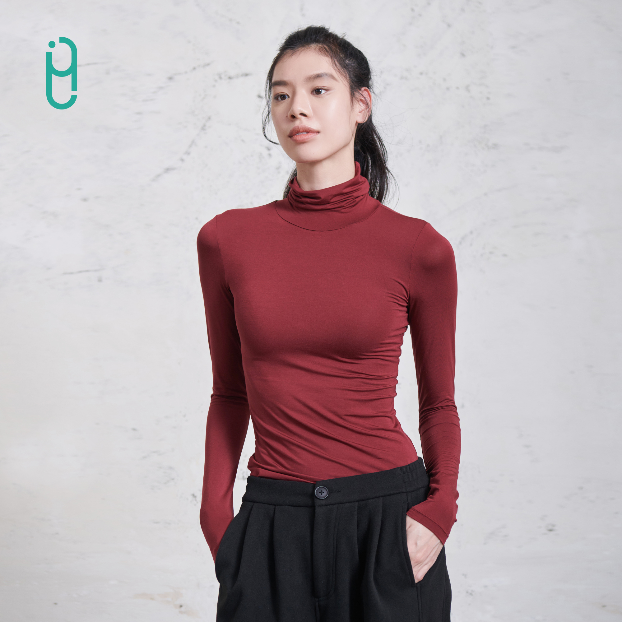 YLI莫代尔长袖柔软细腻亲肤舒适修身显瘦时尚小高领纯色简约打底