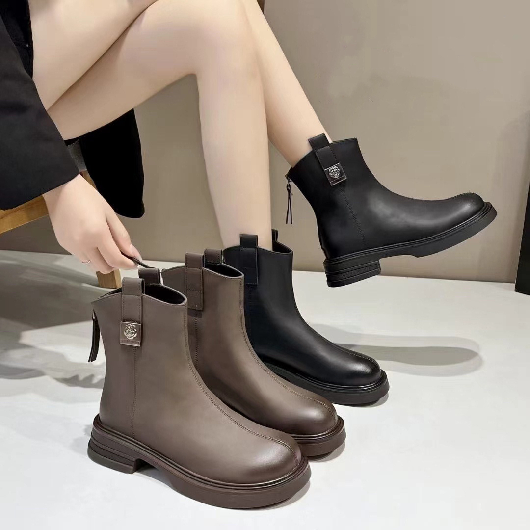 皮面后拉链短靴2024新款后拉链百搭显瘦皮面时装靴短靴 8886
