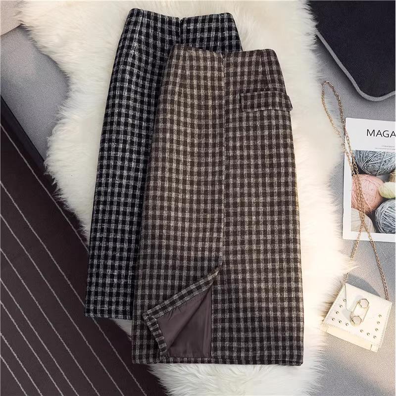 秋冬复古格子高腰半身裙女显瘦长裙中长款后开叉毛呢a字包臀裙潮