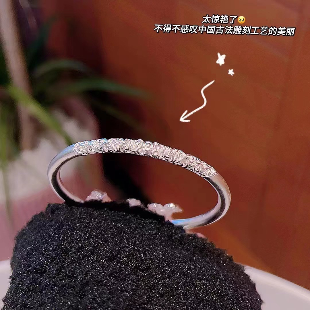 足银手镯 足银999.9卷草纹复古古法气质时尚轻奢简约百搭