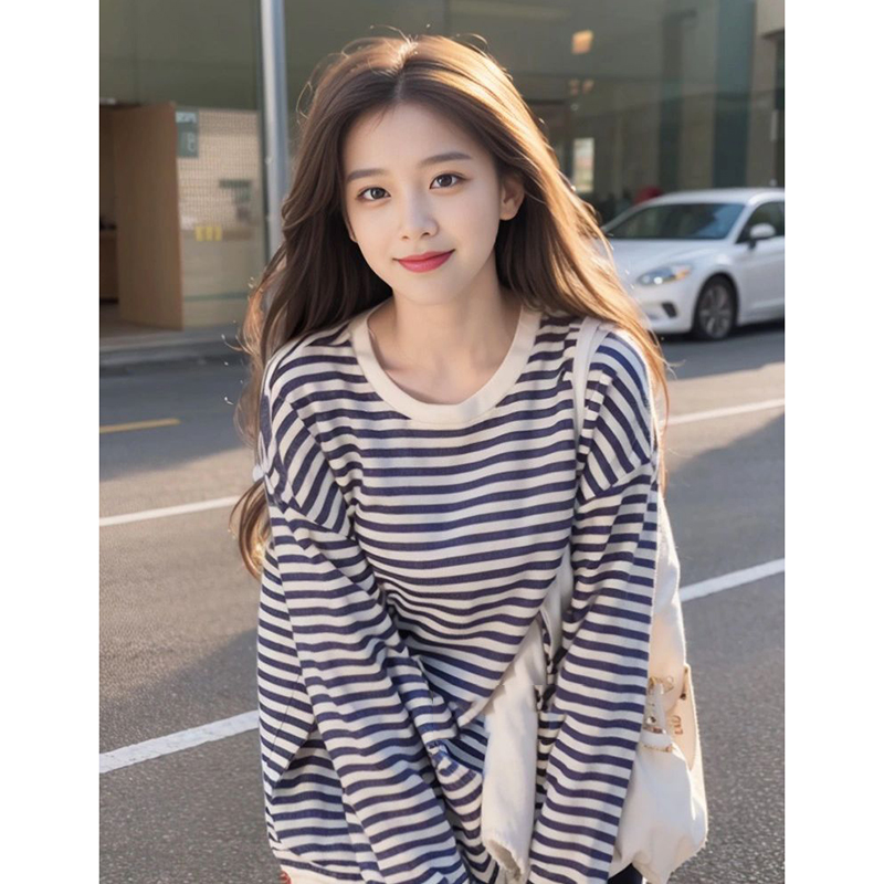 机能风辣妹条纹T恤女2024秋冬新款设计感小众温柔风显瘦百搭上衣