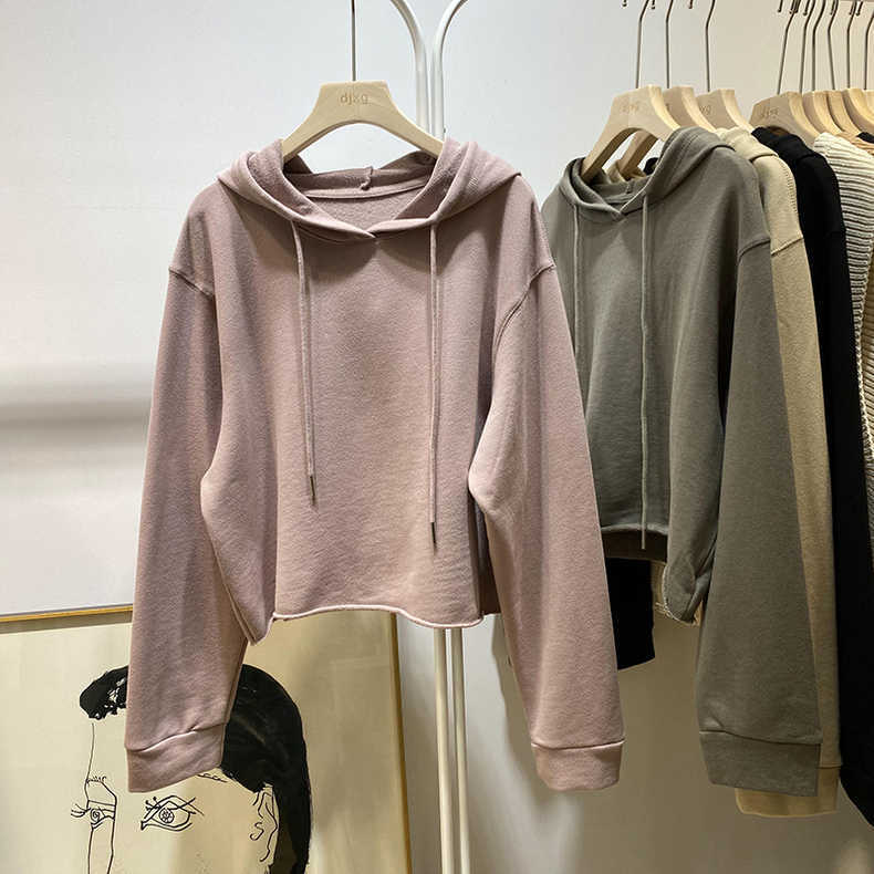 【七鸽】洋气时髦个性短款露腰卷边dj连帽卫衣女宽松慵懒帽衫毛圈上