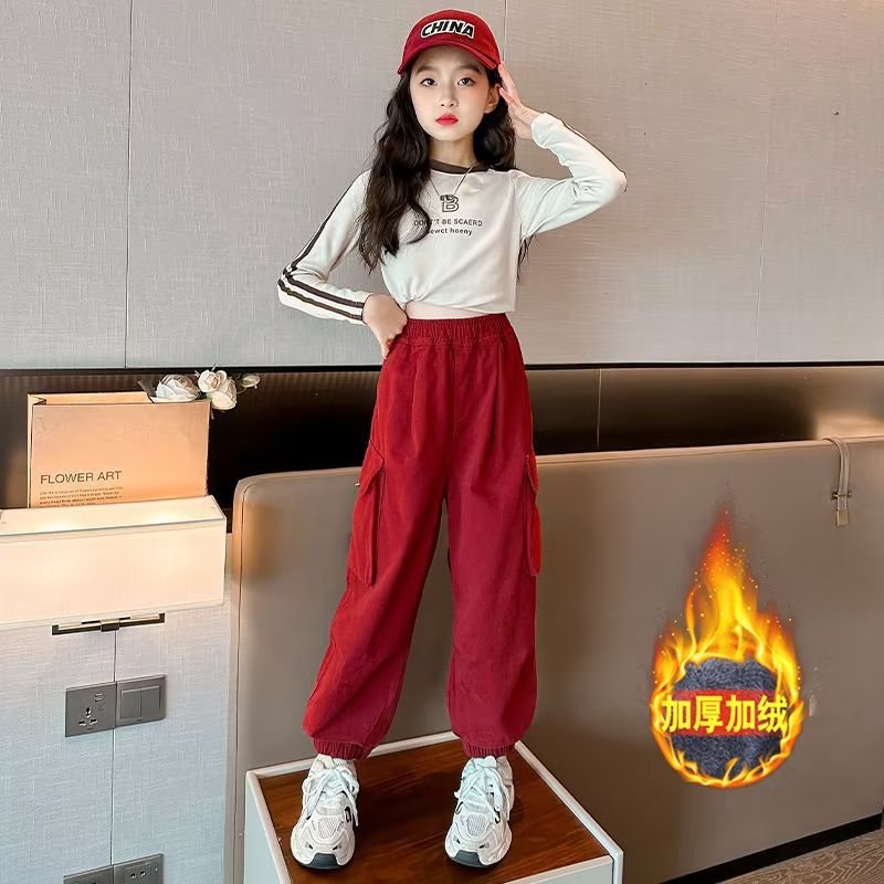 女童加绒工装裤秋冬美式新款中大童一体绒宽松裤子儿童女孩束脚裤