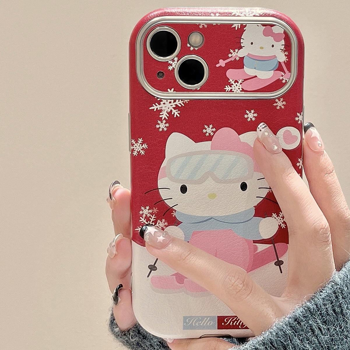 大视窗滑雪凯蒂猫适用iphone15ProMax手机壳苹果14皮质13新款防摔