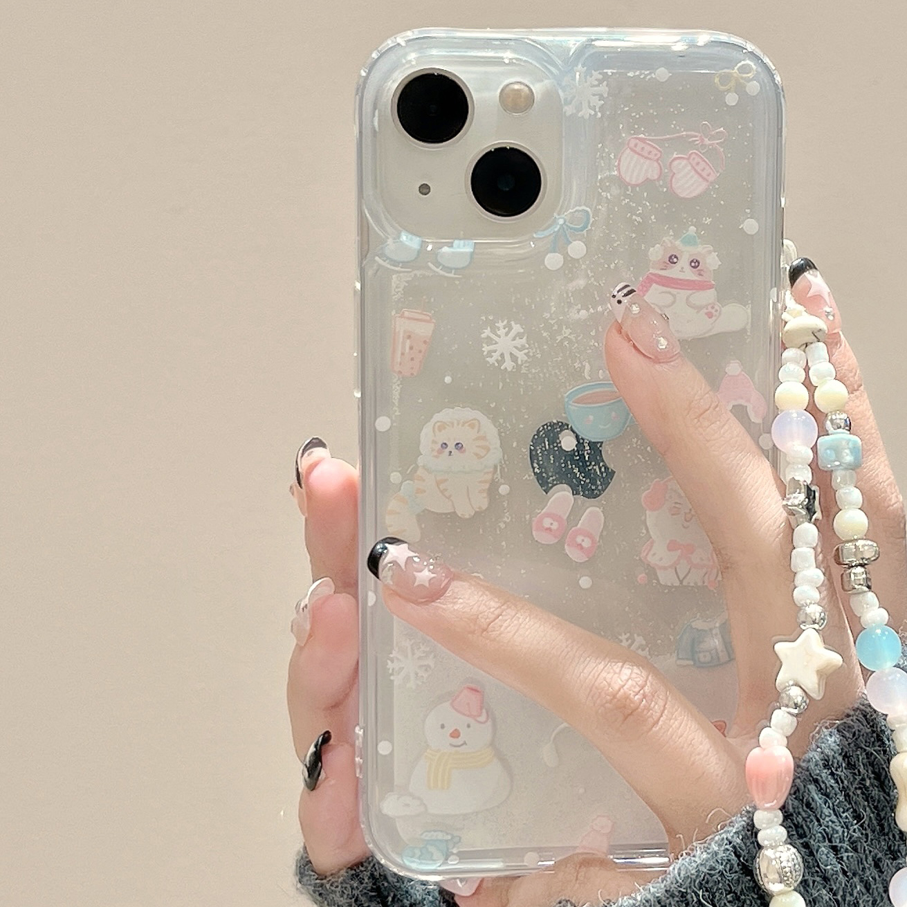 适用猫咪小雪人流沙壳苹果15手机壳链条iphone14promax新款13防摔