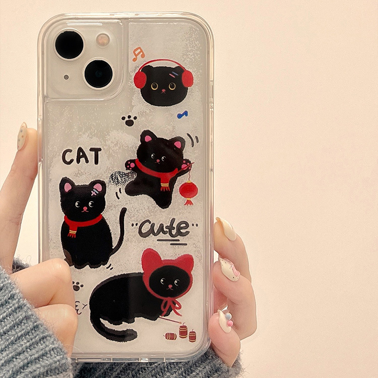 新年鞭炮猫咪苹果14手机壳适用iphone15promax流沙下雪13新款透明