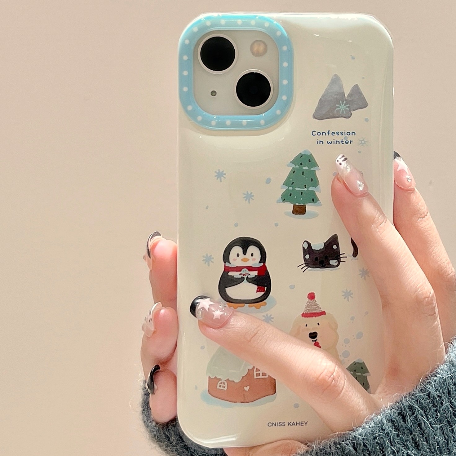 适用冬日企鹅雪地小狗iphone15手机壳皮质半包苹果13新款14女防摔