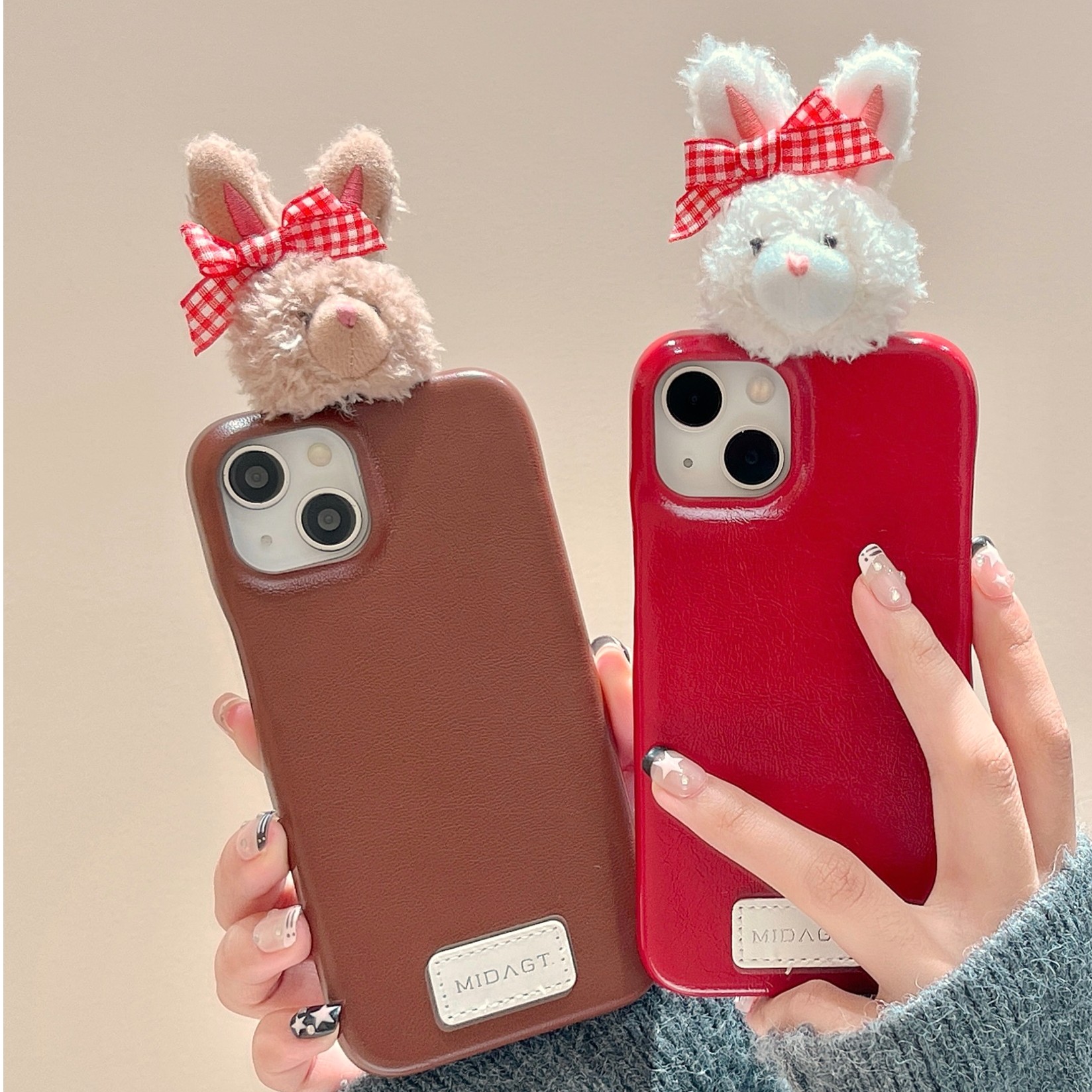 适用立体毛绒兔子iphone15手机壳皮质半包苹果13新款14promax防摔