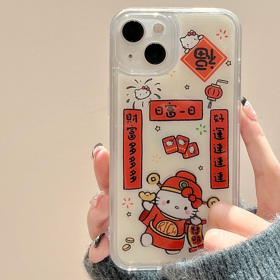 创意卡通财神爷kt猫流沙壳适用苹果15手机壳iphone13新款14promax