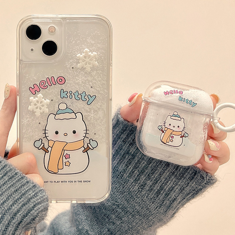 可爱雪人凯蒂猫苹果14手机壳适用iphone15promax新款13流沙雪花女