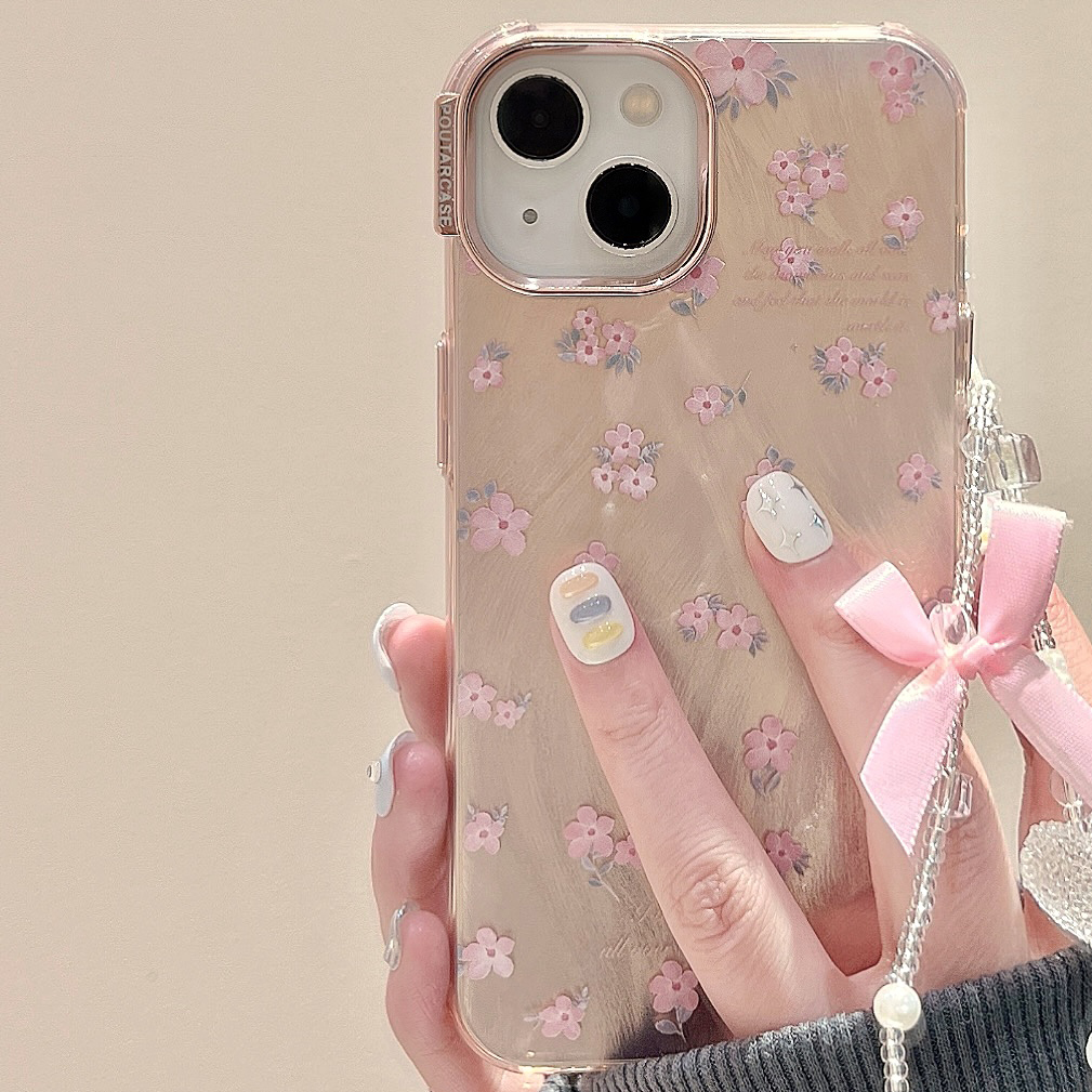 适用韩风粉色小碎花带链条iphone15promax手机壳苹果13新款14防摔