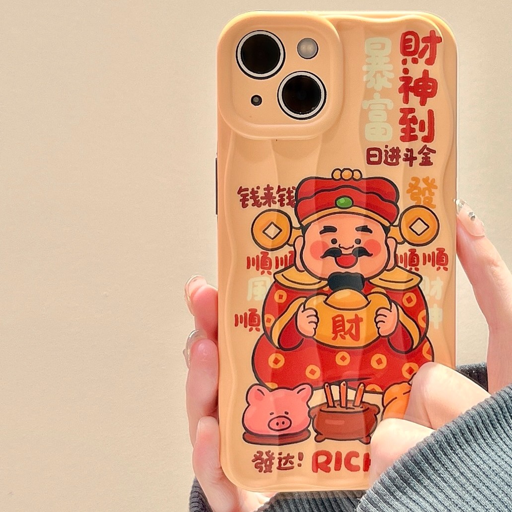 适用水波纹财神爷苹果15手机壳iphone14promax新款13镜头全包防摔