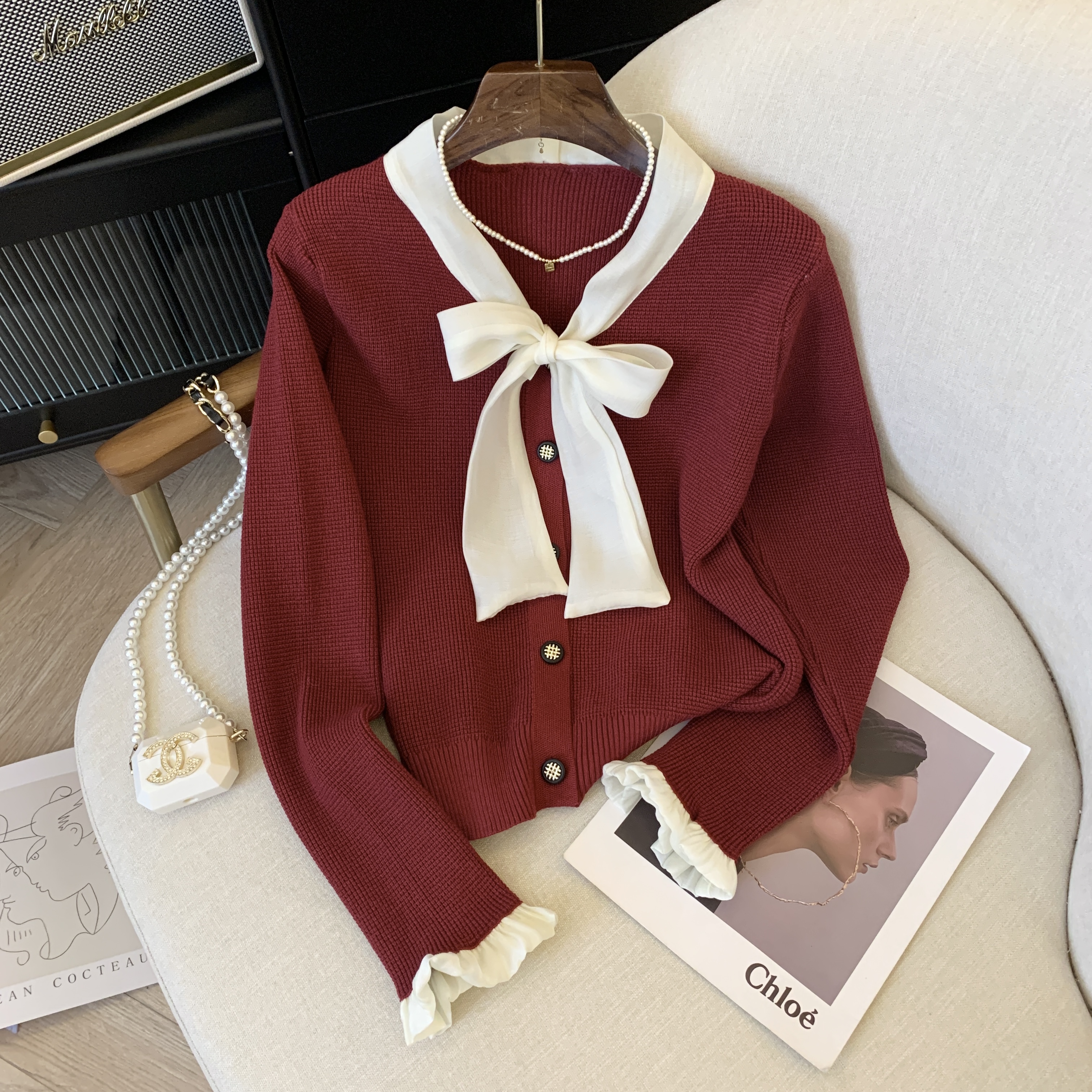 2023冬装新款宽松复古领口蝴蝶结系带单排扣针织复古开衫女毛衣潮