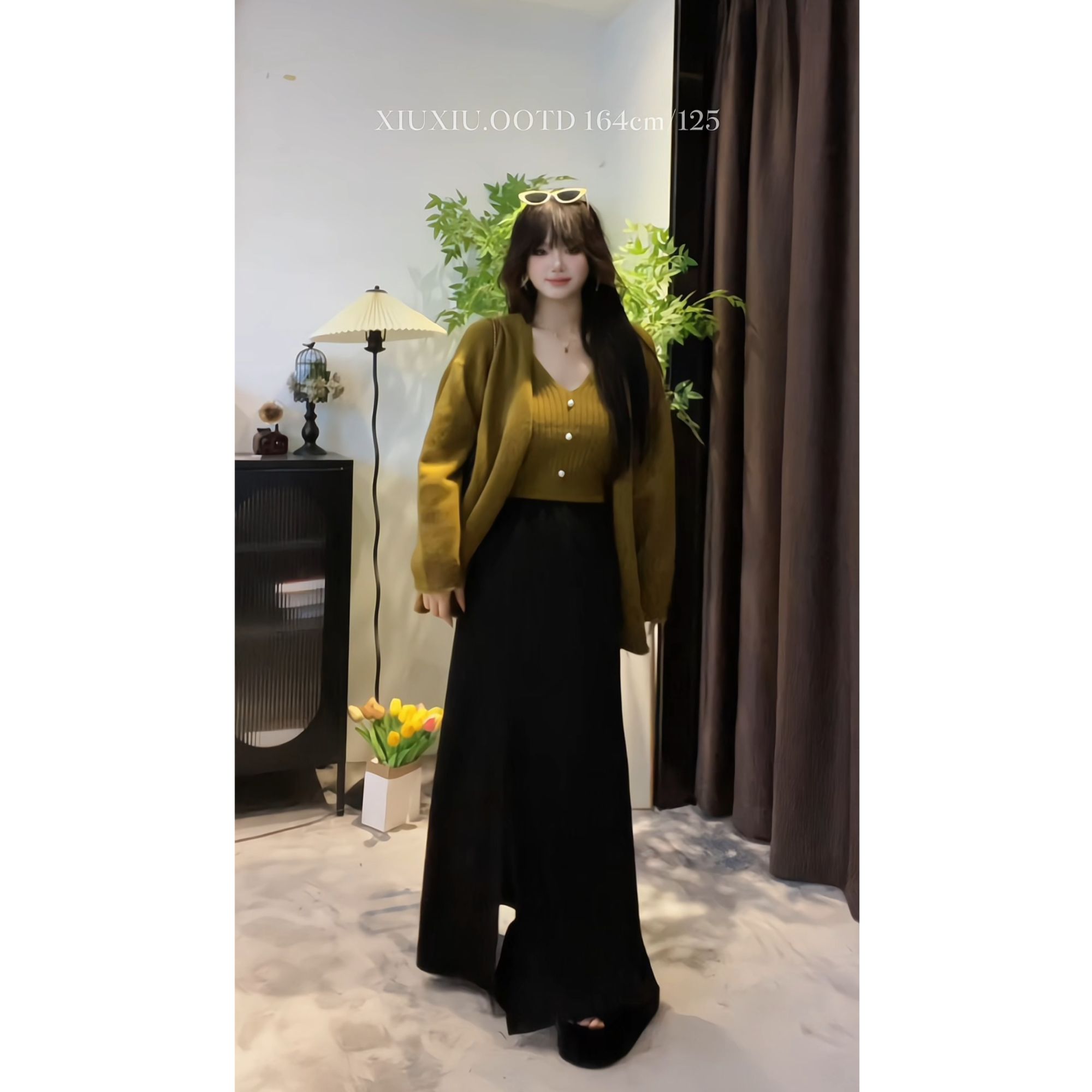 【轻奢千金】7263慵懒风V领针织毛衣开衫+吊带背心秋冬微胖显瘦套装