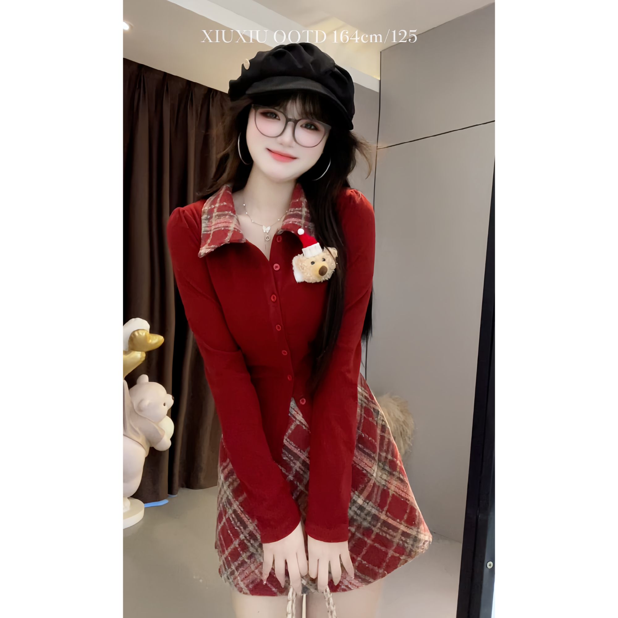 【圣诞日记】7606微胖mm秋冬圣诞穿搭氛围感打底衫修身高腰格子裙