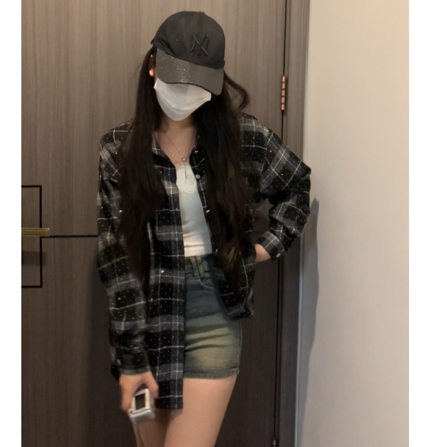 【镶钻黑格 】 设计感镶砖格子衬衫慵懒风宽松休闲百搭上衣