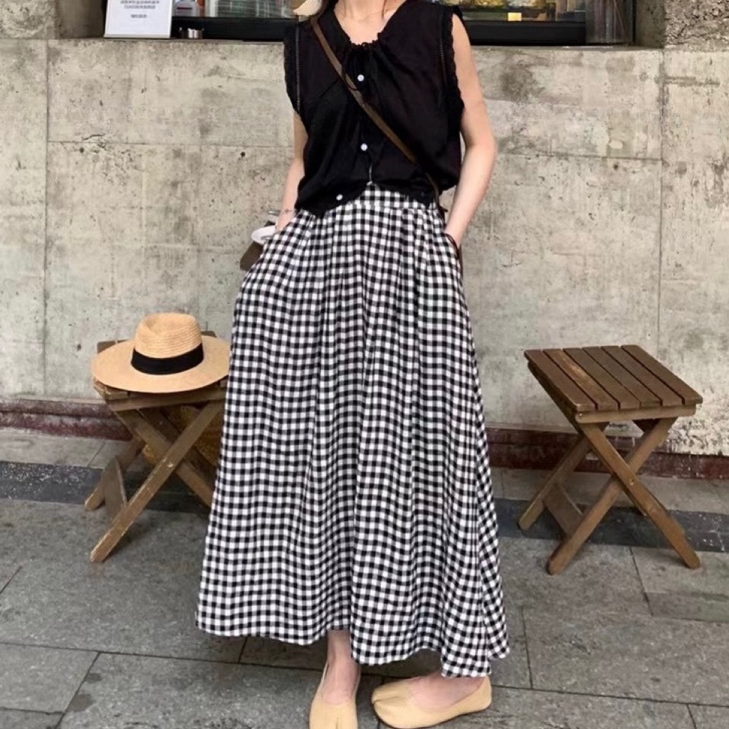 现货清【口袋款棉绸裙裤】格子裤裙女夏季高腰百搭复古显瘦阔腿裤