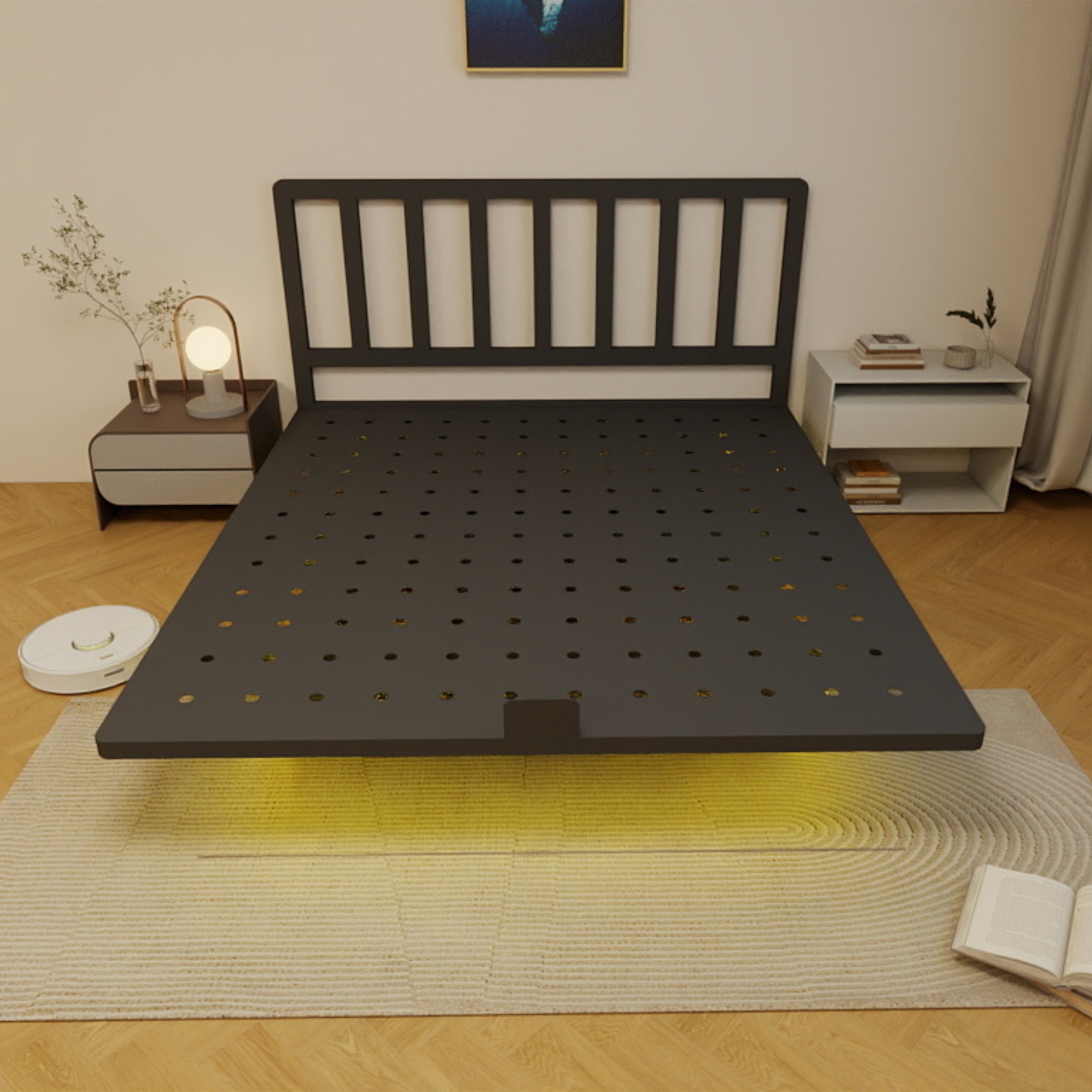 大洞洞床头悬浮床镀锌钢床铝合金床架不锈钢床铝型材悬浮床架家用