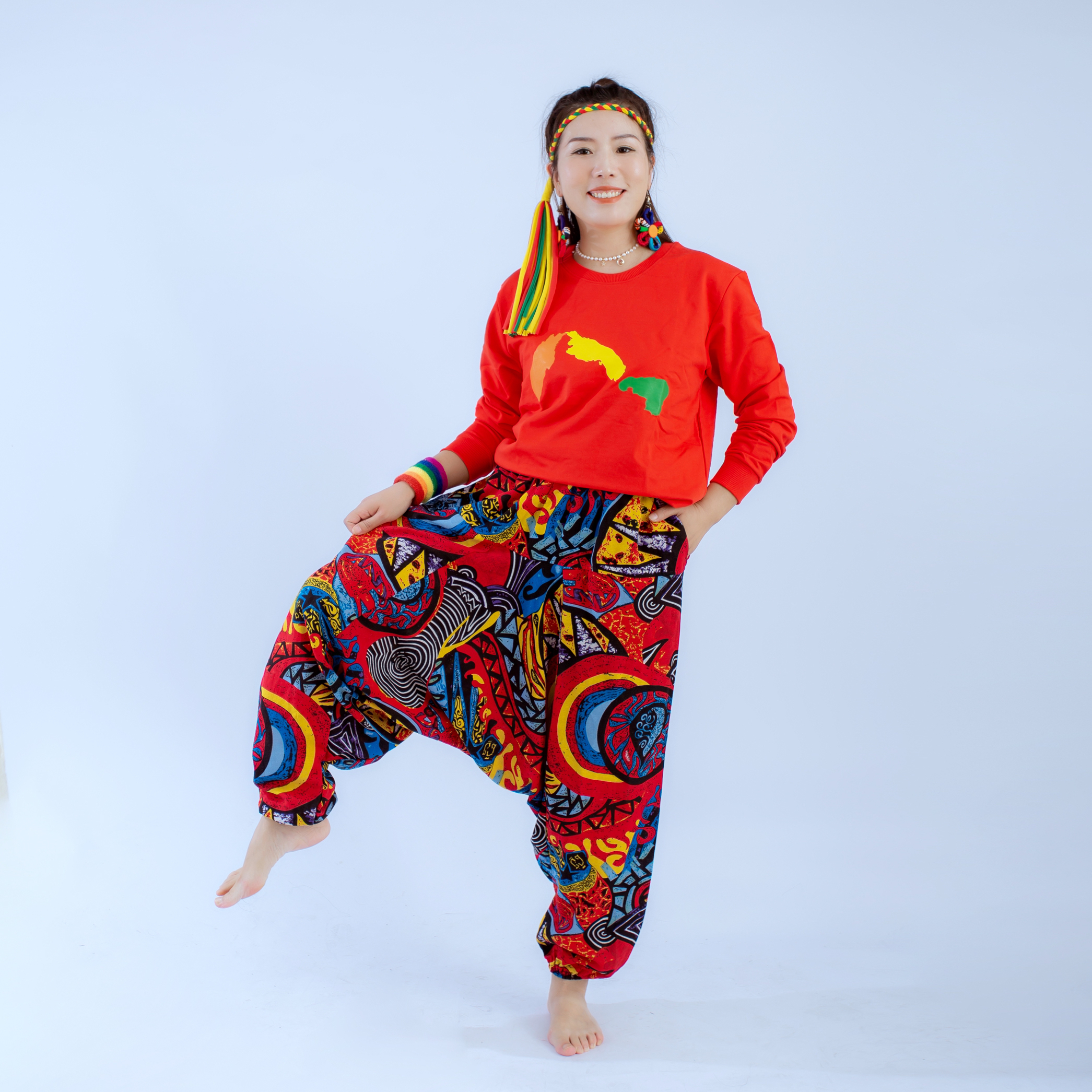 非洲鼓演出服饰套装 民族风印花男女同款休闲服饰 大码宽松阔腿裤